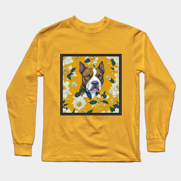 Dogs, pitbull and flowers, dog, seamless print, style vector (yellow flowers & pitbull #2) Long Sleeve T-Shirt by xlhombat